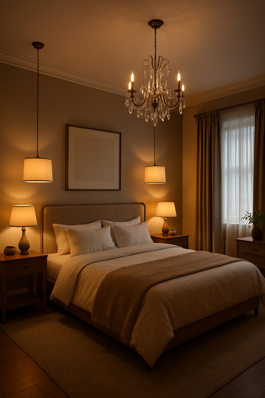 24 Beautiful Bedroom Ideas to Inspire Your Space 7 A spacious bedroom featuring a unique light fixtures including 2 pendant lights, chandeliers, wall sconces, and lamps illuminating the room with warm light.