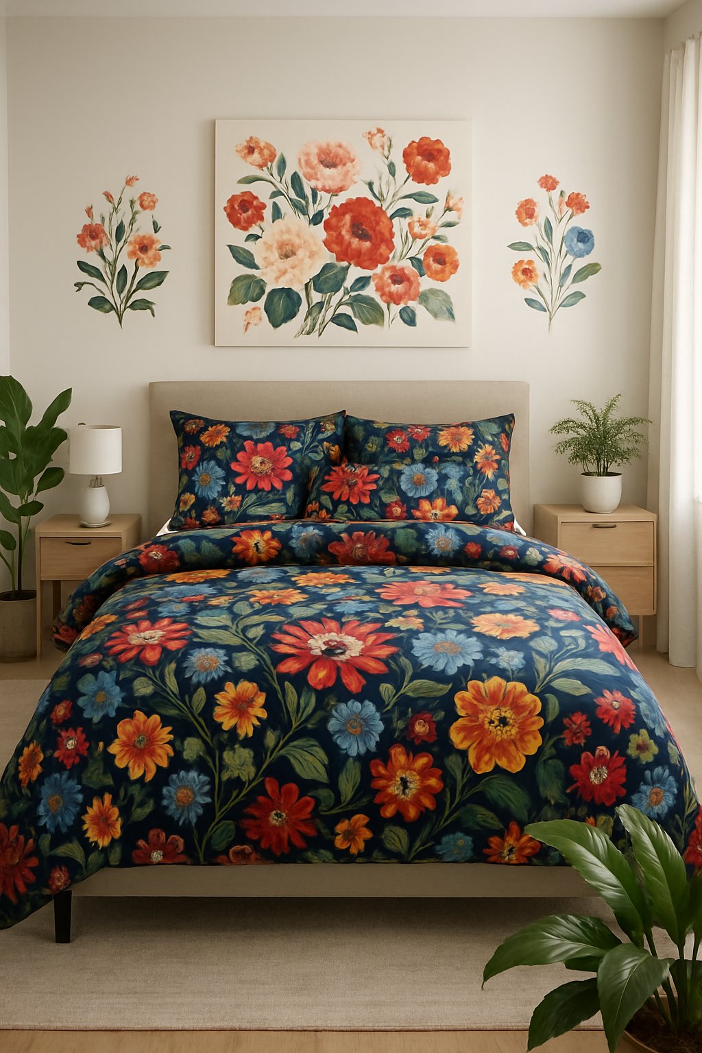 24 Beautiful Bedroom Ideas to Inspire Your Space 23 A bedroom with a large bed covered in bold floral bedding, floral wall decor, neutral furniture, and green plants.