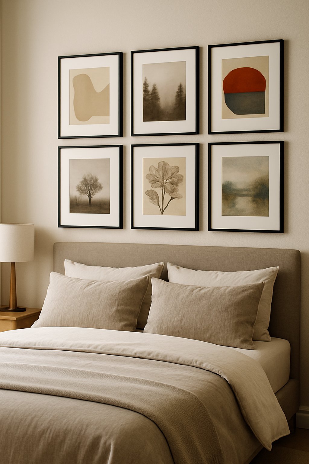 24 Beautiful Bedroom Ideas to Inspire Your Space 20 A bedroom with a bed and a gallery wall of 6 black picture frames arranged above it, featuring various artworks and photographs.