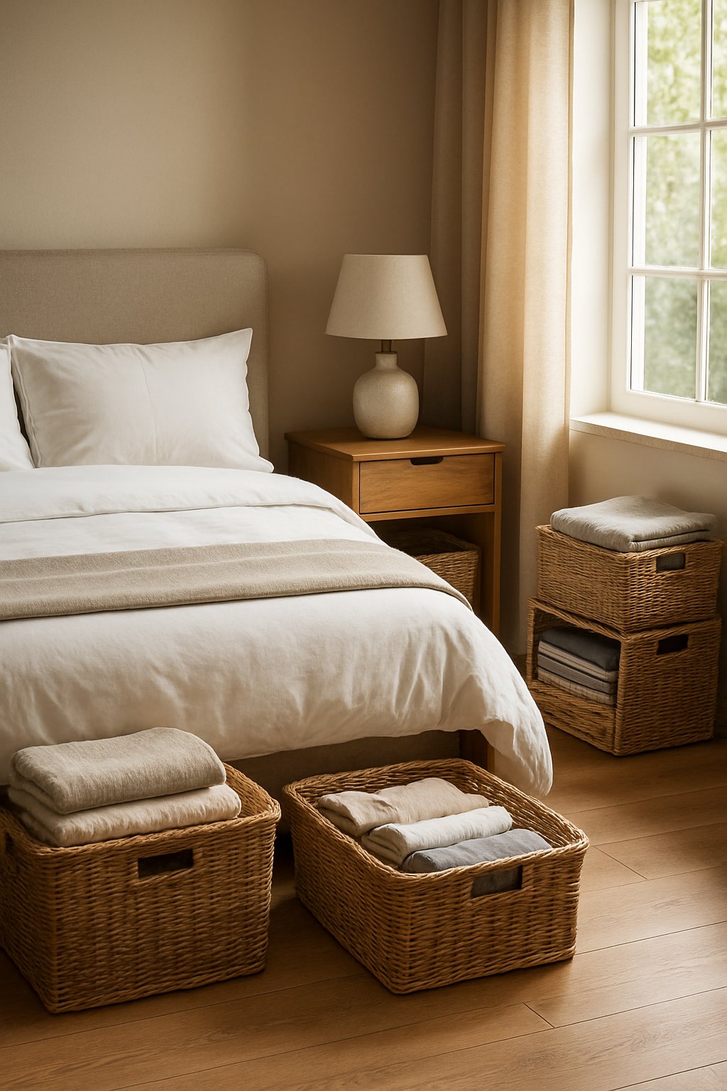 24 Beautiful Bedroom Ideas to Inspire Your Space 19 A bedroom with a made bed, wooden nightstand, and several wicker basket organizers holding clothes and blankets, with natural light coming through a window.