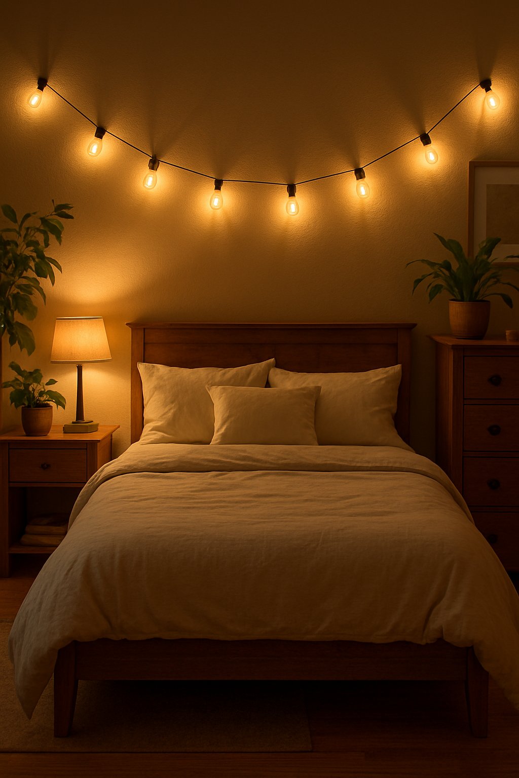 24 Beautiful Bedroom Ideas to Inspire Your Space 15 A cozy bedroom illuminated by warm Edison bulb string lights hangin, featuring a neatly made bed, wooden furniture, and decorative plants.